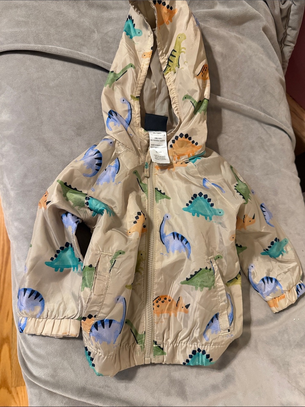 Beige Kids Dinosaur Hooded Raincoat - Lightweight Waterproof Jacket